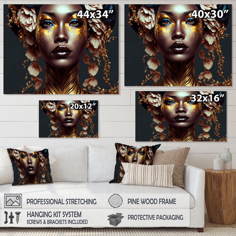 Femme florale dorée et noire, femme I - impressions sur toile afro-américaine