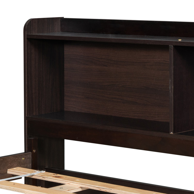 Teen Bed Platform Standard Bed With Bookcase And Twin Trundle, Espresso, Full
