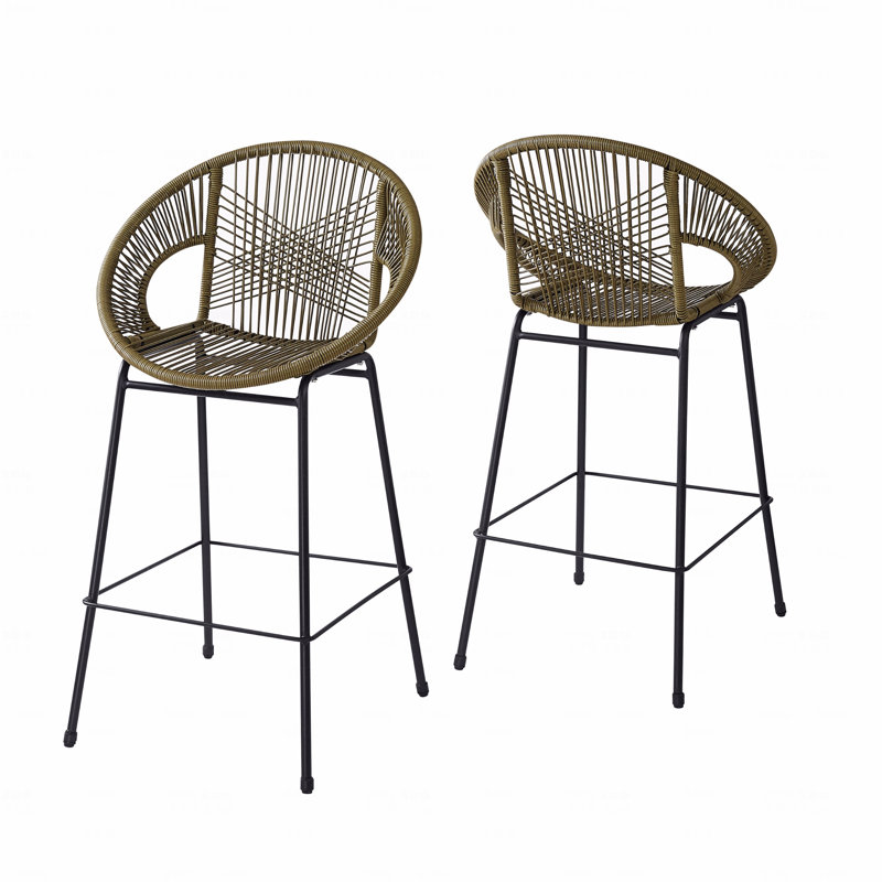 Set of 2 PE Wicker Outdoor Bar Stools with Black Metal Frame -  Green , Green