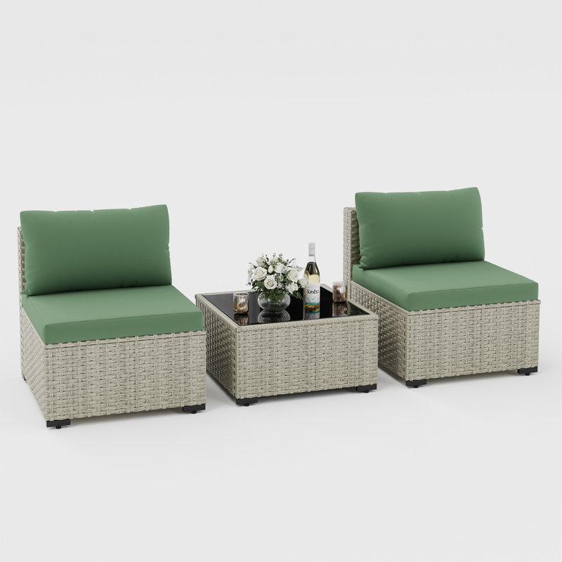 Ensemble de canapé d'extérieur en osier pour 2 personnes avec coussin Demasi, Vert