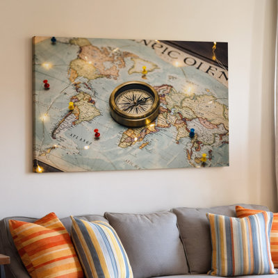 Canvas A Vintage Compass Rests On An Intricately Detailed World Map Wall Art Showcasing Geographical Features In Soft Muted Tones Of Canvas Wall Art