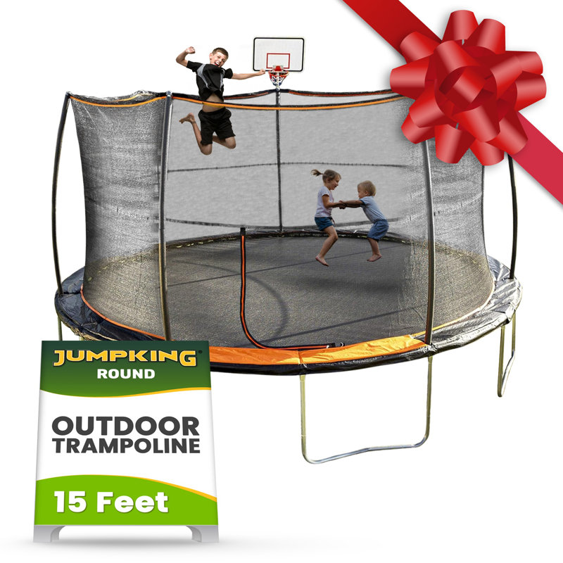 15' Black Round Trampoline with Enclosure and Basketball Hoop