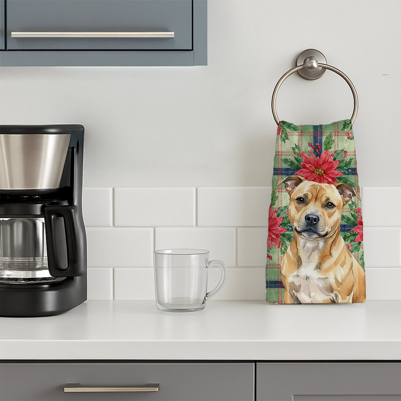 Fawn Staffordshire Bull Terrier Christmas PoinsettIas Kitchen Towel, Fawn Staffordshire Bull Terrier