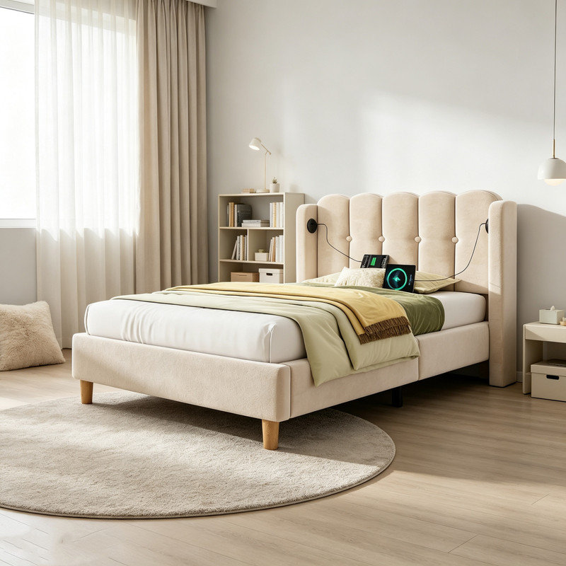 Upholstered Single (3') Velvet Bed, Beige