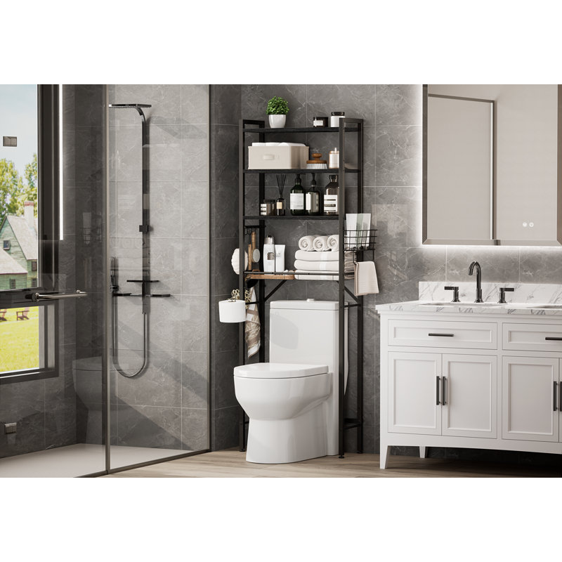 Rangement au-dessus de la toilette en bois autoportant avec tablette, Noir mat