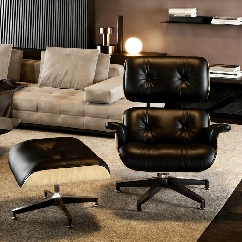 Mid Century Genuine Leather Lounge Chair With Ottoman, Solid Wood Frame, Strong Aluminum Legs, Memory Foam