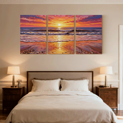 Nautique et plage coucher de soleil océan vagues plage ciel reflets couleurs horizon ensemble de 3 impressions d'art sur toile