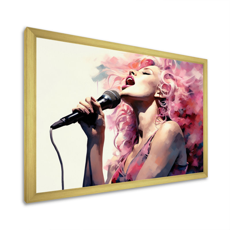 «Pink Black Music Vocal Expression II», reproduction d'art sur toile, Cadre doré simple, H 12 po x l 20 po x P 1 po