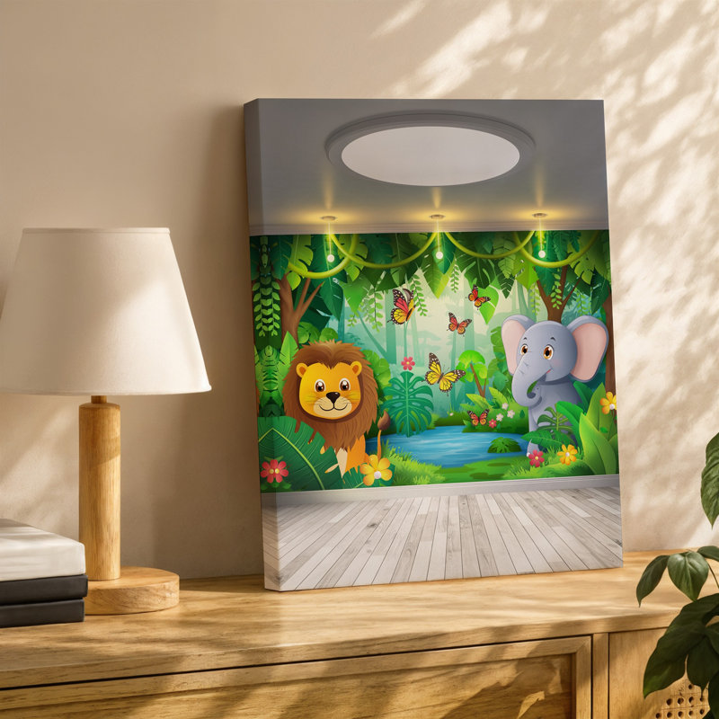 Reproduction d'art sur toile, "Une scène de jungle fantaisiste" avec un lion joyeux, une crinière moelleuse et un éléphant ludique