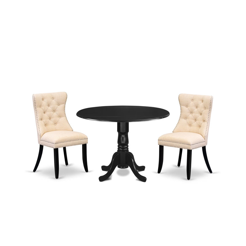 Ensemble de table de salle à manger 3 pièces comprenant une table de cuisine ronde avec Dropleaf et 2 chaises rembourrées, noir