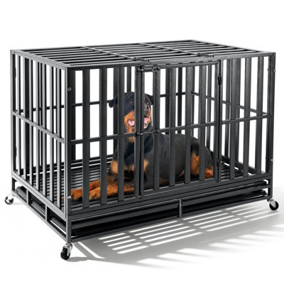 48 Inch Heavy Duty Dog Crate for High Anxiety Large Dogs,2026 Ultimate Escape Proof Base Plate,Steel Dog Kennel/Max Load Capacity 300lbs/Double Door with Wheels