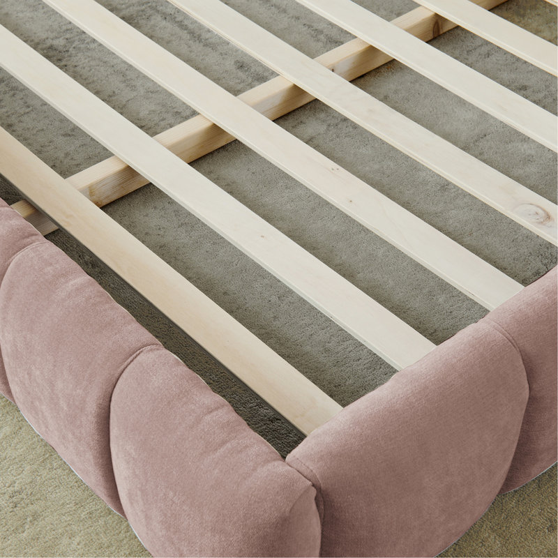 Structure de lit rembourrée avec tissu épais en chenille et lit plateforme avec tête de lit et structure solide, Rose