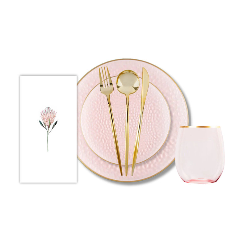 Ensemble de fête rose en plastique jetable de luxe - martelé biologique
