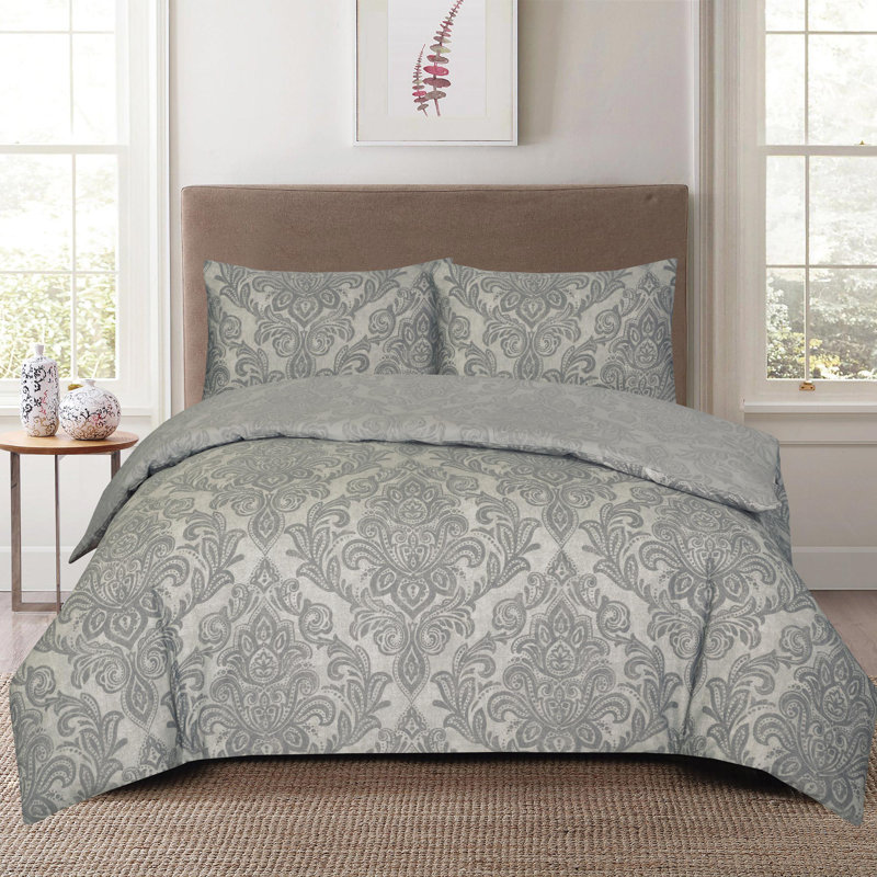 Duvet Cover Set with Pillowcases Cotton Rich Damask Pattern Bedding Soft Easy Care Wrinkle Resistant and Durable, Grey Silver