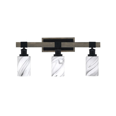 Barre d'éclairage de salle de bain 3 lumières Bitner en noir mat et finition en métal d'aspect bois patiné avec verre tourbillon onyx de 4 po