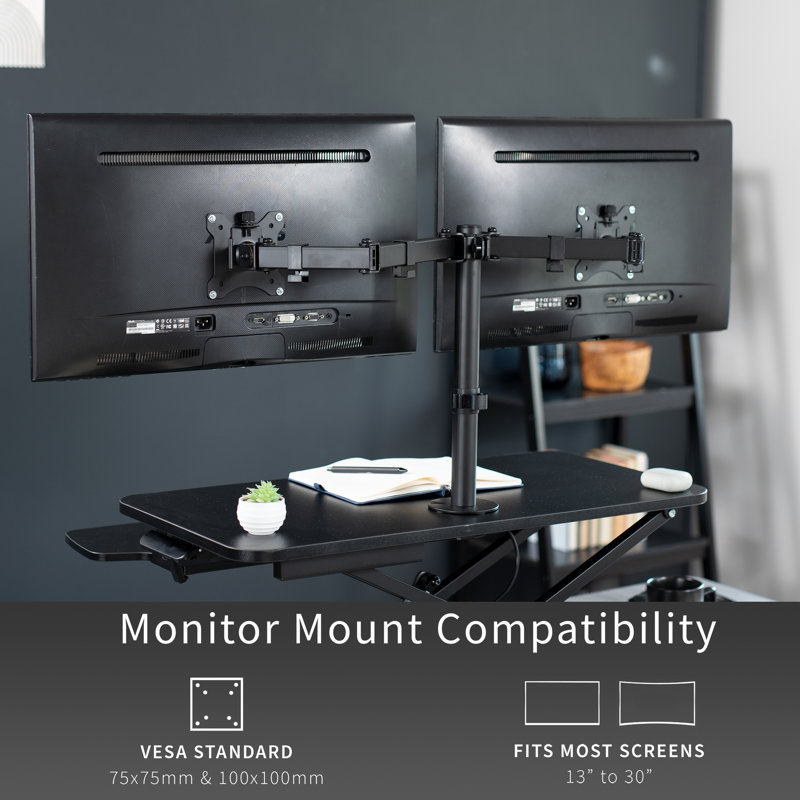 Black Adjustable Standing Desk Converter with Dual Monitor Mount