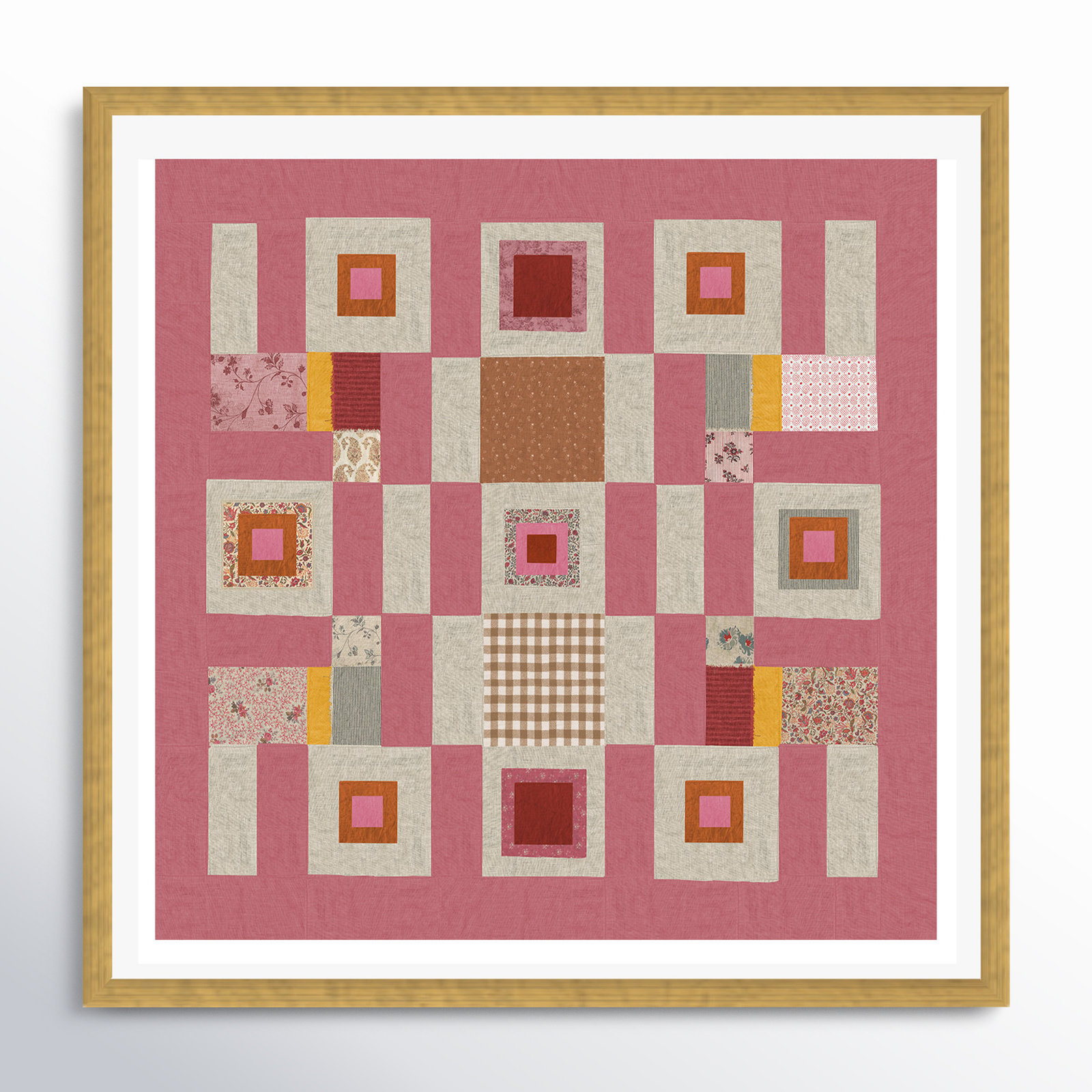 Pink Cottage Quilt, Yes, 12" H x 12" W x 0.75" D, Black Framed Paper