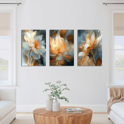 «Golden Floral», reproduction d'art sur toile tendue sur toile abstraite (ensemble de 3)
