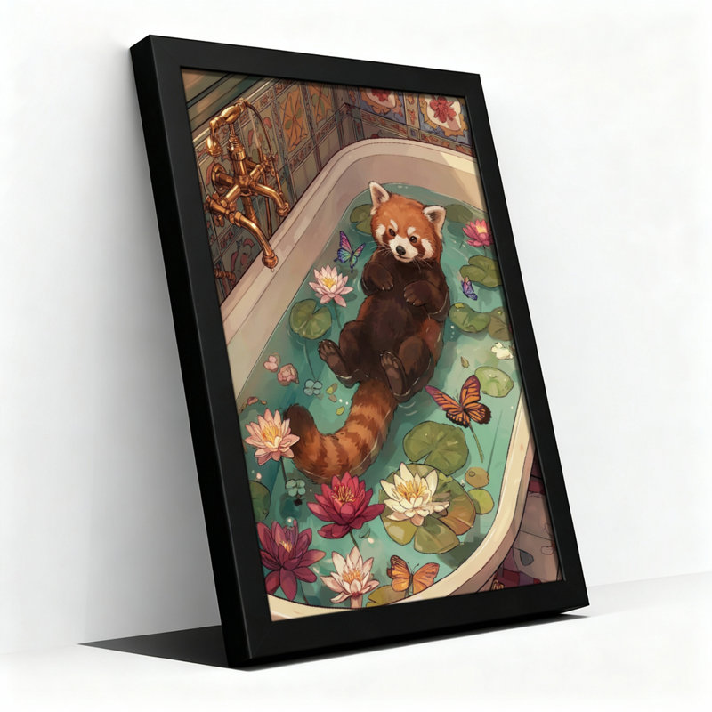 Toile noire encadrée en bois noir pour salon, chambre à coucher, bureau ou vestibule - décoration murale décorative avec panda rouge