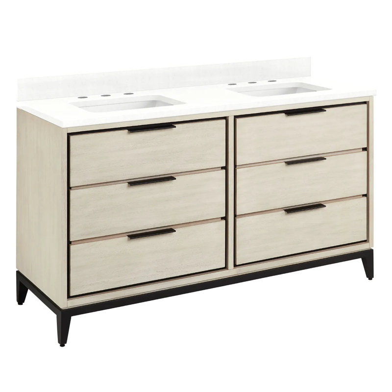60" Hytes Double Bathroom Vanity Set with Rectangular Undermount Sinks, Arctic White Quartz, Sky Gray, 8" Centers
