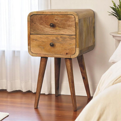 Mini table de chevet incurvée en bois massif, 2 tiroirs, chêne clair, brun clair