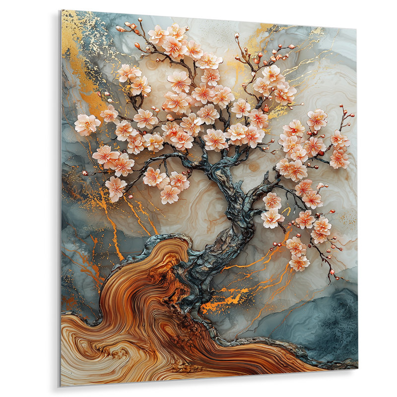 Fleur de cerisier doré jardin de beauté éphémère II - fleur de cerisier en métal, H 40 po x l 30 po
