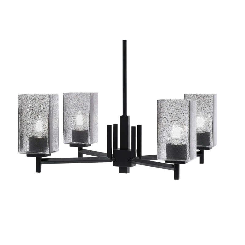 Franklin 4 Light, Chandelier, Graphite Finish, 3.5" Square Smoke Bubble Glass, Noir mat