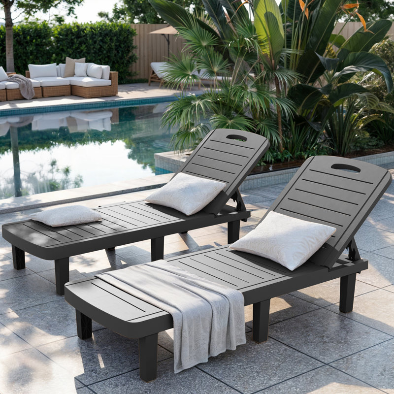 Black Resin Adjustable Outdoor Chaise Lounge Set with Cup Holders