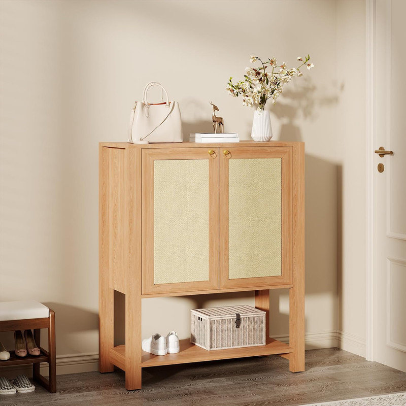 Rattan Shoe Storage Cabinet, 40in Tall Farmhouse Freestanding Wooden Shoe Rack Organizer with Adjustable Shelves and Open Shelf for Entryway Kitchen Living Room Bedroom