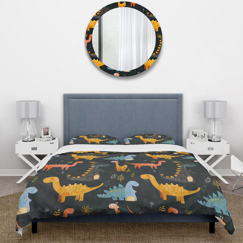 Ensemble de housse de couette jaune et vert pour enfants, motif de dinosaures II