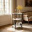 Ensemble de 2 tables de bout en faux marbre à trois niveaux, demi-lune et table d'appoint en forme d'éventail avec structure en métal, table de chevet à 3 tablettes-129694370-129694371