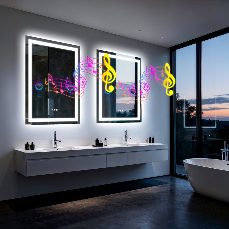 Lighted Bluetooth Speaker Mirror, Tempered Glass Bathroom Mirror With Anti-Fog, Dimmable 3-Color Front & Backlit Led Lights, Smart Touch & Memory For Wall Vanity
