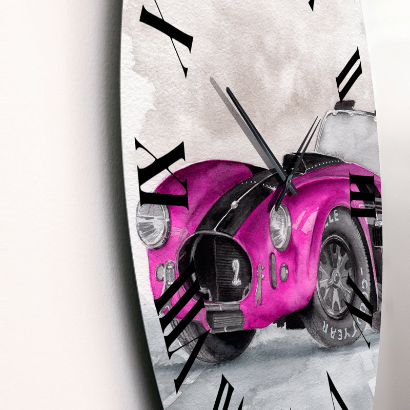 Belle vieille voiture magenta sur fond gris - horloge murale industrielle, Surdimensionné