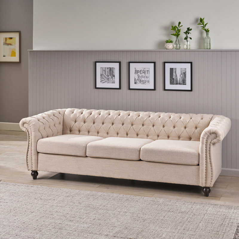 Marcel Rolled Arm Chesterfield Sofa, Beige Polyester
