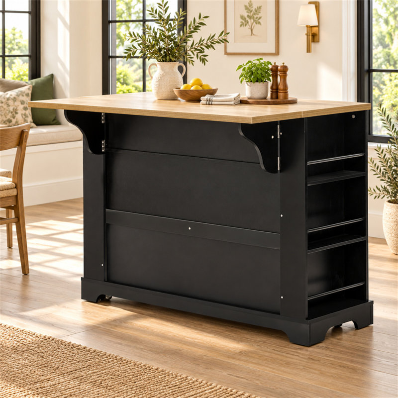Îlot de cuisine à roulettes de 130 cm (51,2 po) avec tiroirs de rangement, compartiment poubelle coulissant et prises électriques, noir