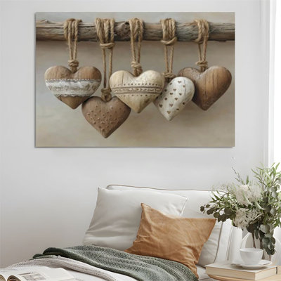 Tableau encadré sur toile - Cœur en bois avec corde de jute, style rustique vintage - 61 x 91 cm (24 x 36 pouces) pour chambre et salon