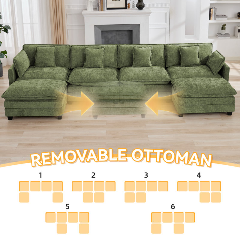 Chenille Upholstered Sectional Sofa Couch with Ottoman, Green, 4 Seat + 2 Ottoman