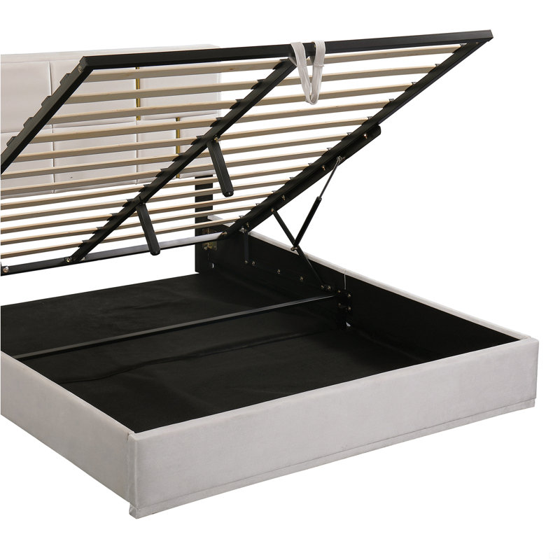 Grand lit plateforme tapissier avec système de rangement hydraulique, aucun sommier nécessaire