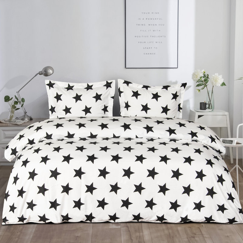 Ensemble de housse de couette en microfibre noir / blanc, Housse de couette pour grand lit + 2 taies décora