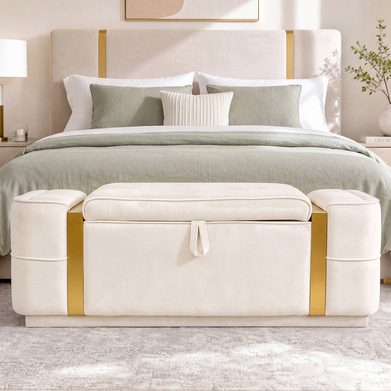 Banc de rangement rembourré, Beige, Beige