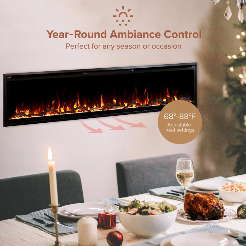 Ultra Thin Aerus Slim Recessed or Wall Mounted Electric Fireplace, Alexa or Google Home Compatible, WiFi, Logs & Crystals, Remote Control