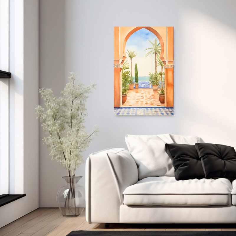 Affiche murale côtière abstraite avec arche marocaine, vue sur l'océan et palmiers., H 36 po x l 24 po