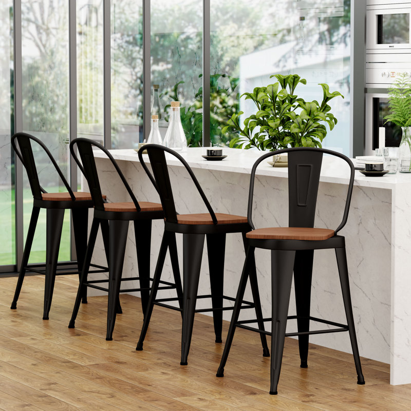 Comptoir et tabourets de bar en métal à haut dossier, Noir, Tabouret de comptoir (siège d'une hauteur de 24 p