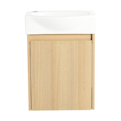 Petit meuble-lavabo de 16 po avec lavabo en céramique, armoire en chêne et armoire de rangement simple, élégant et facile à assembler