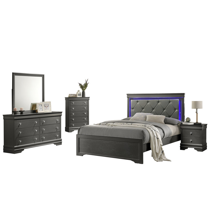 Ensemble de chambre à coucher tapissier standard Mylhana, Gris, 5 Pcs: Bed, 2 Dressers, Nightstand, Mirror, Très grand