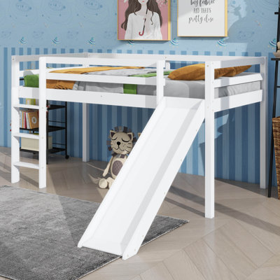 Twin Elevated Bed With Ladder And Slide Loft Design Including Safety Guardrails