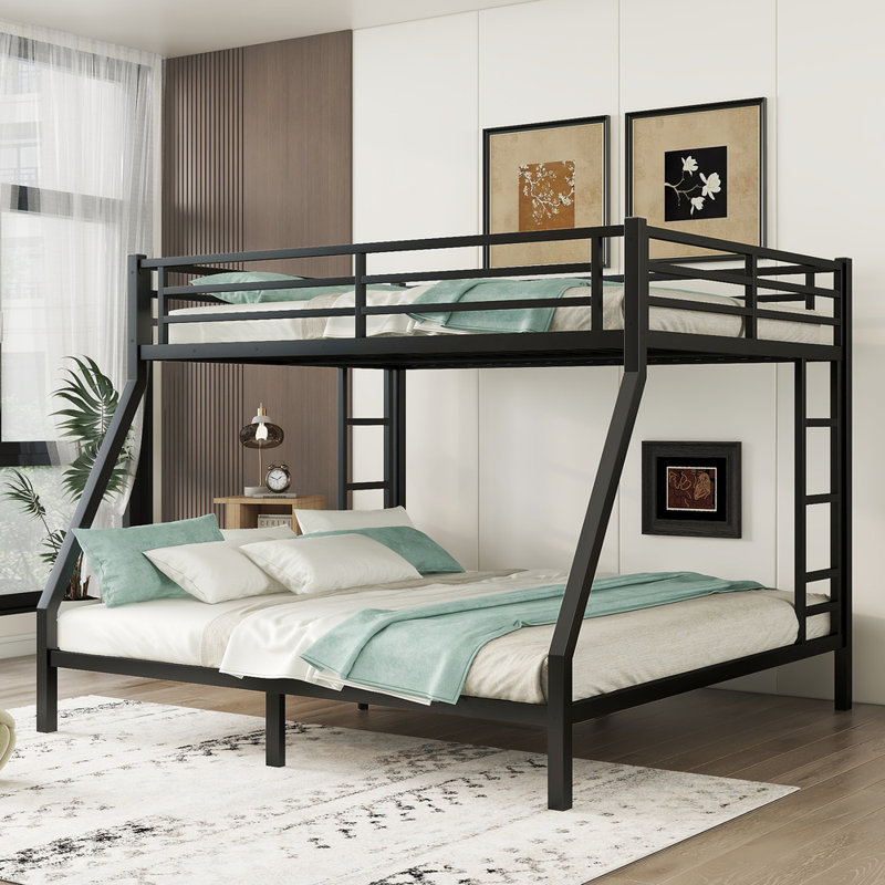 Queen Over King Metal Bunk Bed For Adults And Teens, Space-saving Noise-free Heavy-duty Loft Bed , No Box Spring Required, Black