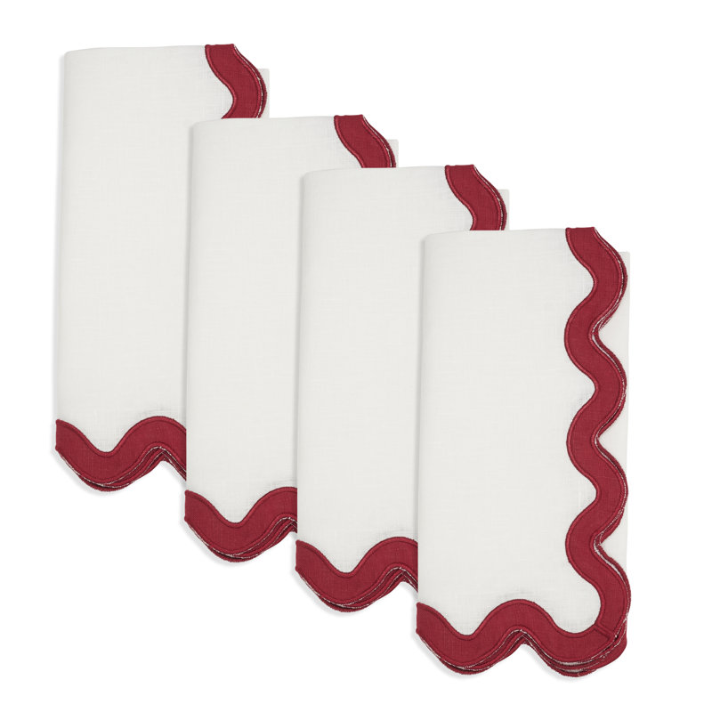 Serviette 100% lin à teinte douce festonnée (ensemble de 4), Rouge