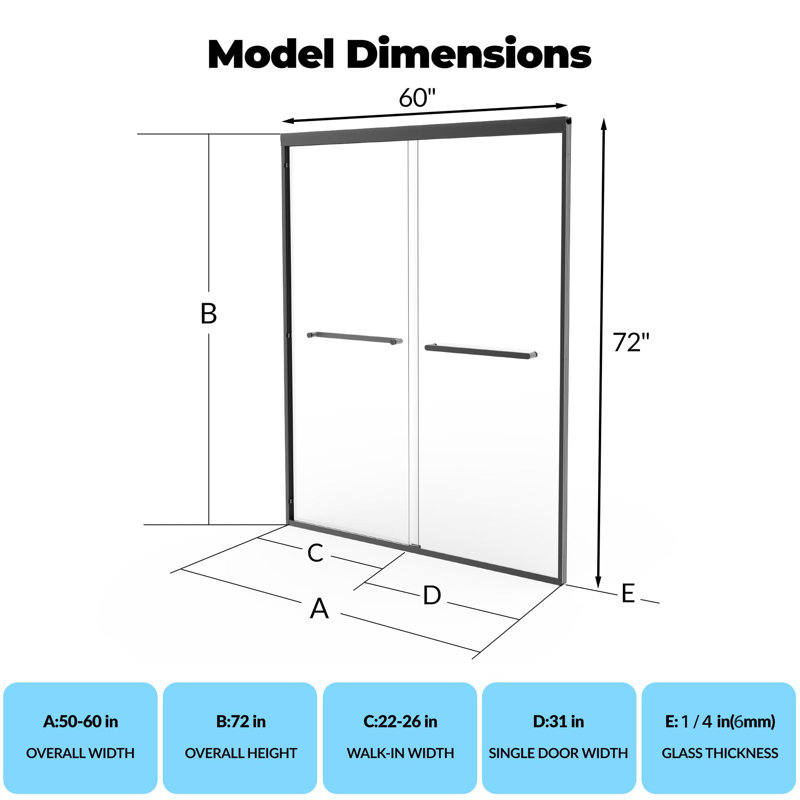 Frameless Sliding Shower Door,56-60" W x 72" H Double Sliding Shower Door, 3/8" (10mm) Thick SGCC Tempered Glass - Explosion-Proof Film, Brushed Nickel