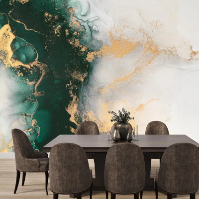 Emerald Green And Gold Abstract Marble Wall Mural Luxury Fluid Art Statement Wallpaper For Living Room Bedroom Dining Room Accent Wall